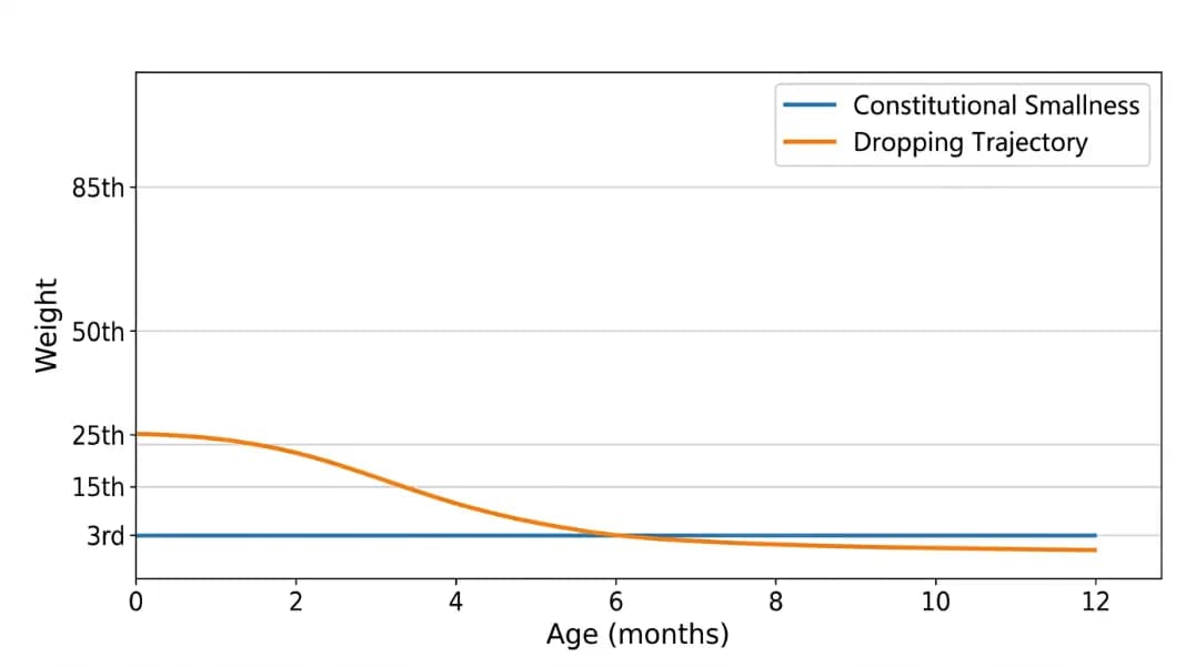 WHO growth chart comparing two baby growth curves: one tracking consistently at the 3rd percentile labeled constitutional smallness, and one dropping from the 25th to the 3rd percentile labeled dropping trajectory