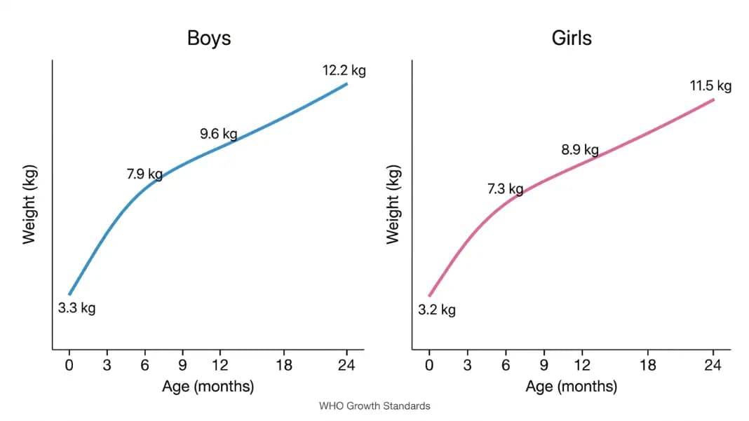 Side-by-side WHO growth charts showing the 50th percentile weight curve from birth to 24 months for boys in blue and girls in pink with labeled data points at birth, 6, 12, and 24 months