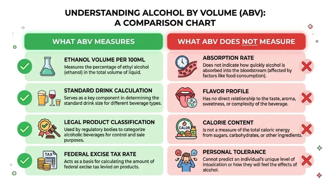 Two-column comparison chart showing what ABV measures on the left including ethanol volume and legal classification versus what ABV does not measure on the right including absorption rate, flavor profile, and calorie content