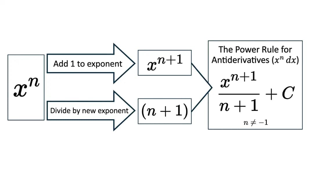 Power rule for antiderivatives: add 1 to exponent, divide by new exponent to get x^(n+1)/(n+1) + C