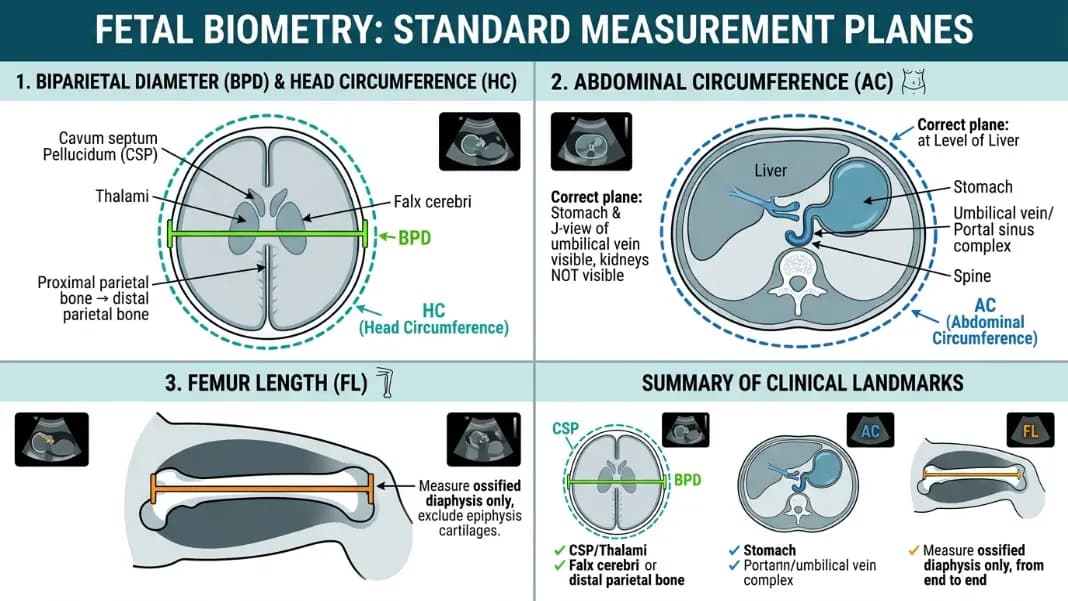Four-panel diagram showing fetal biometry measurement planes: BPD and HC on skull cross-section, AC at liver level, and FL along femoral shaft