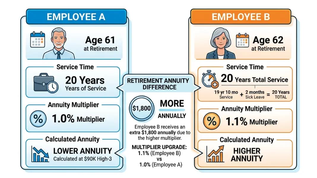 Two-column diagram comparing Employee A retiring at 61 with 20 years at the 1.0% multiplier versus Employee B retiring at 62 with 19 years 10 months plus 2 months sick leave credit qualifying for the 1.1% multiplier, with annuity amounts at a $90,000 High-3 and a callout showing the annual dollar difference