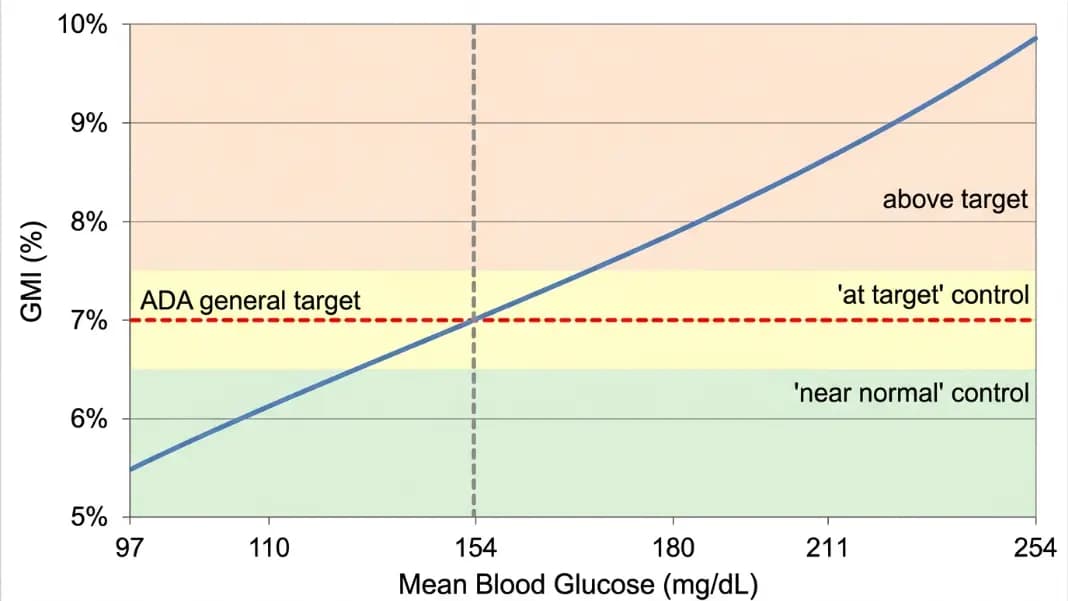 Line chart showing GMI formula output from mean glucose 97 mg/dL to 254 mg/dL with a 7.0% ADA target reference line and clinical zone bands in green, yellow, and orange