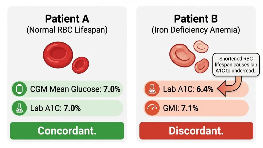 Side-by-side diagram comparing Patient A with concordant GMI and lab A1C at 7.0% versus Patient B with iron deficiency anemia where lab A1C reads 6.4% but GMI reads 7.1%, with labeled arrows explaining the discordance