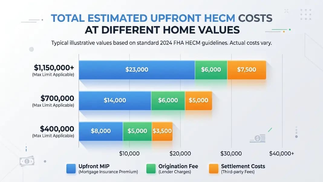 Stacked horizontal bar chart showing total estimated upfront HECM costs at three home values ($400K, $700K, $1.15M+) with each bar segmented by cost category: upfront MIP, origination fee, and settlement costs, each labeled with dollar amounts
