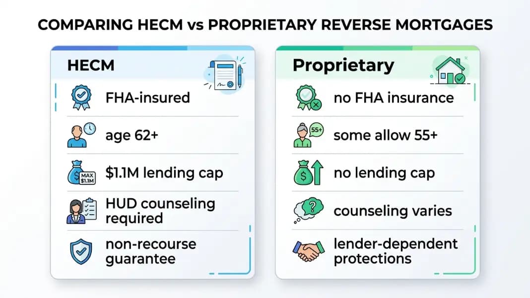 Two-column comparison card showing HECM features on the left (FHA-insured, age 62+, $1.1M lending cap, HUD counseling required, non-recourse guarantee) and Proprietary Reverse Mortgage features on the right (no FHA insurance, some allow 55+, no lending cap, counseling varies, lender-dependent protections)