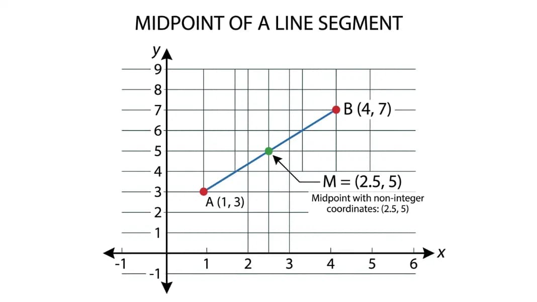 Coordinate plane showing points A(1,3) and B(4,7) with midpoint plotted at the non-integer position (2.5, 5) between grid lines, labeled to show midpoints can be decimal values