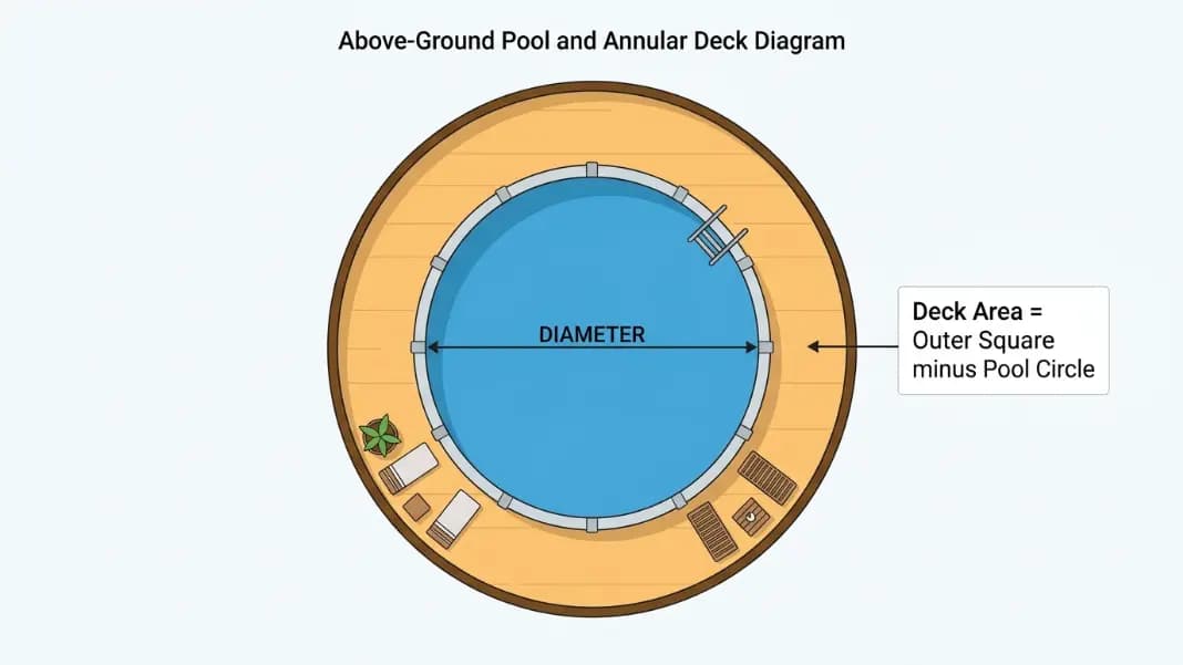 Above-ground round pool viewed from above with the pool diameter labeled and a surrounding deck ring highlighted to show the annular area between the pool wall and the outer deck edge