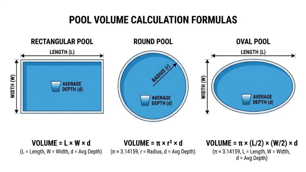 Overhead diagram showing three pool shapes side by side: rectangular labeled L × W × avg depth, round labeled π × r² × depth, and oval labeled π × L/2 × W/2 × depth, with dimension arrows on each shape and the cubic feet formula shown below each