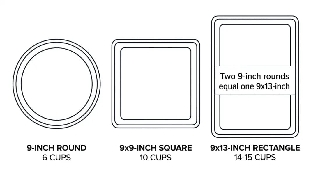 Three baking pans shown side by side: 9-inch round labeled 6 cups, 9x9-inch square labeled 10 cups, and 9x13-inch rectangle labeled 14-15 cups, with a callout showing two 9-inch rounds equal one 9x13-inch in batter volume