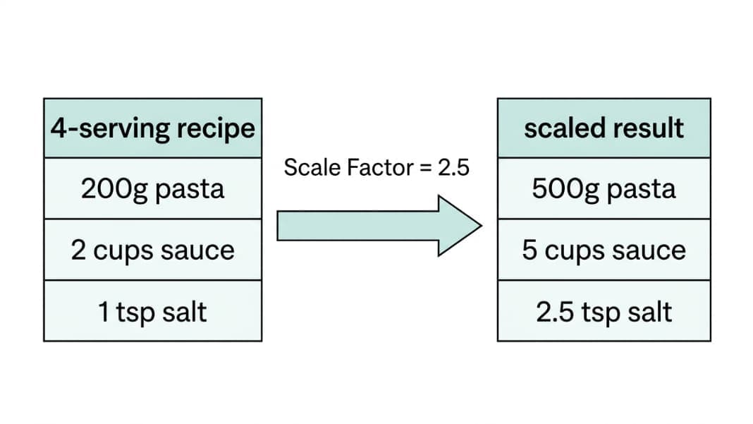 Diagram showing a 4-serving recipe on the left with ingredient amounts (200g pasta, 2 cups sauce, 1 tsp salt), a center arrow labeled Scale Factor = 2.5, and the scaled 10-serving result on the right (500g, 5 cups, 2.5 tsp)