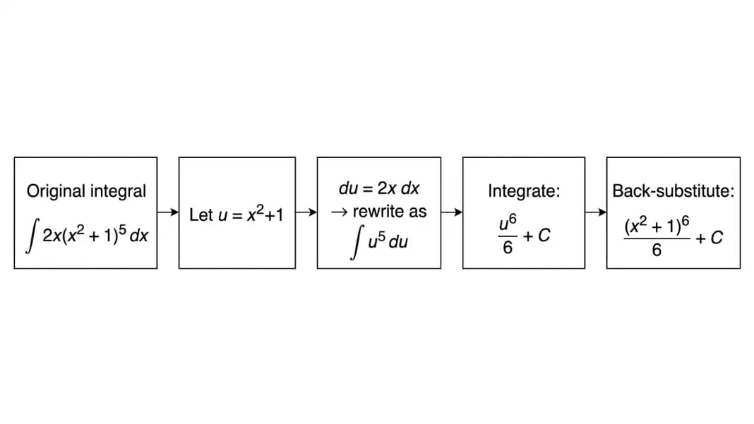 U-substitution steps: choose u, write du, substitute, integrate, back-substitute to get (x²+1)⁶/6 + C