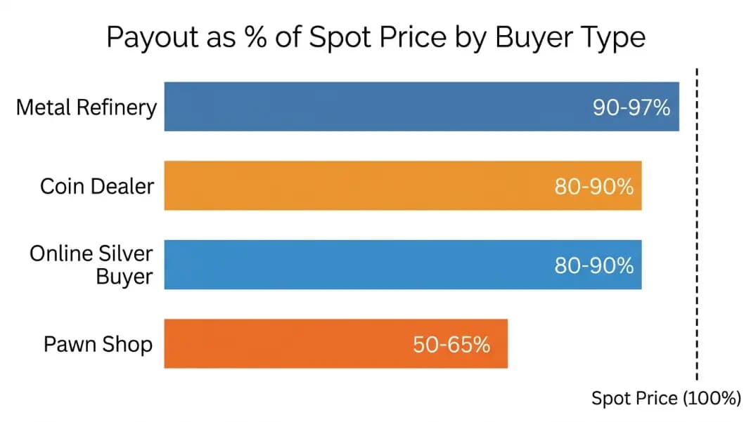 Bar chart comparing scrap silver payout percentage by buyer type: metal refinery, coin dealer, online silver buyer, and pawn shop, benchmarked against 100% spot price