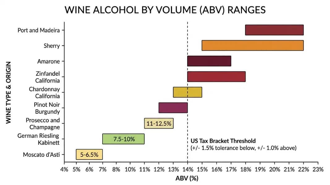 Horizontal bar chart showing wine ABV ranges by style from Moscato d'Asti at 5 to 6.5 percent through table wines at 12 to 15 percent to Port and Madeira at 18 to 22 percent, with a vertical dashed line marking the 14 percent US tax bracket threshold