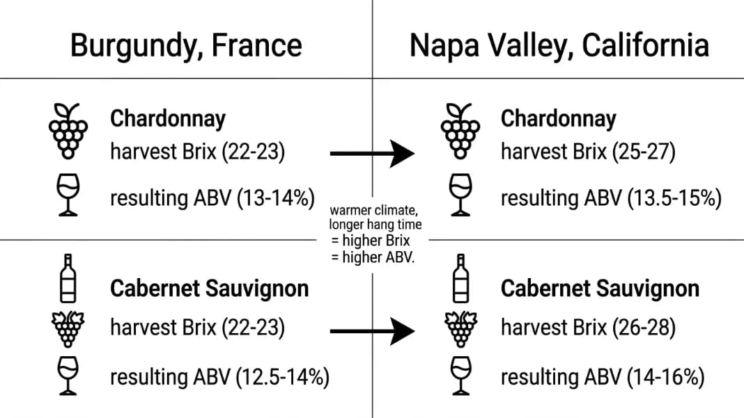 Two-column comparison showing Chardonnay and Cabernet Sauvignon harvest Brix and resulting ABV in Burgundy France versus Napa Valley California, with arrows indicating how warmer climate increases grape sugar and alcohol percentage