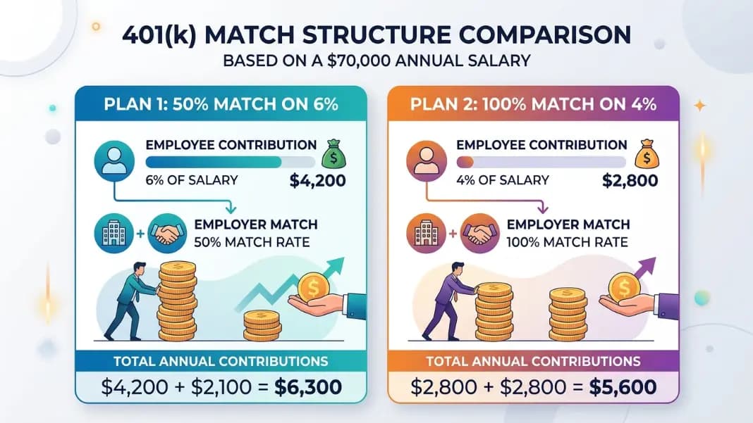 Side-by-side comparison of 50% match on 6% vs 100% match on 4% formulas at the same salary showing employer match dollar outputs