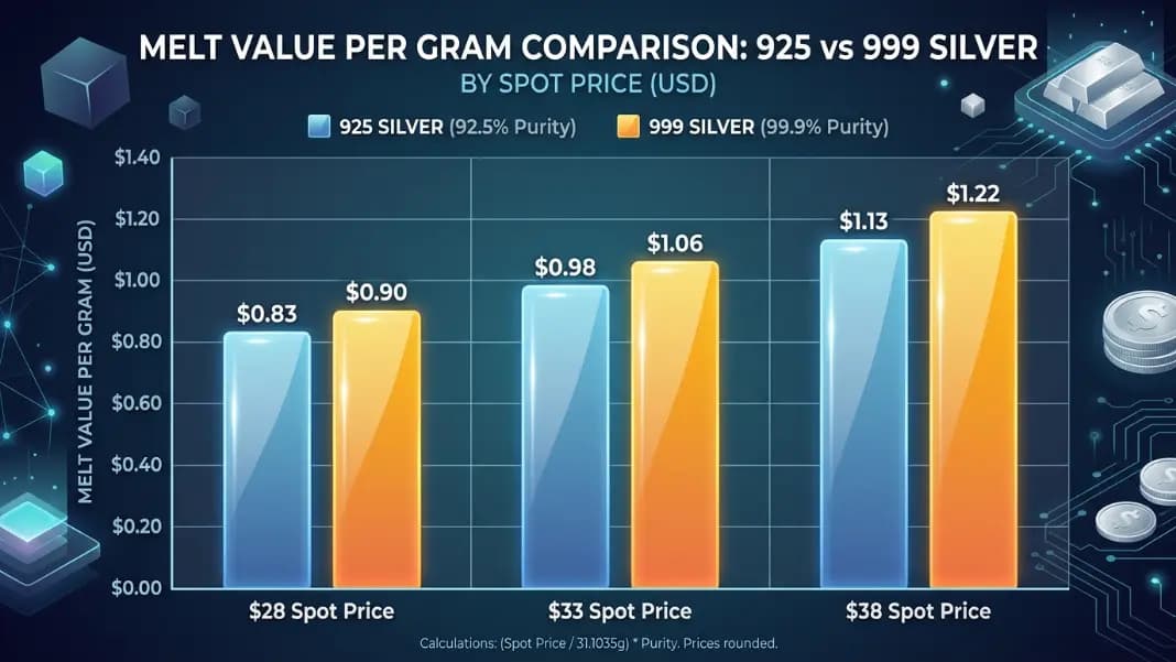 925 sterling silver melt value per gram compared to 999 fine silver at different spot price levels