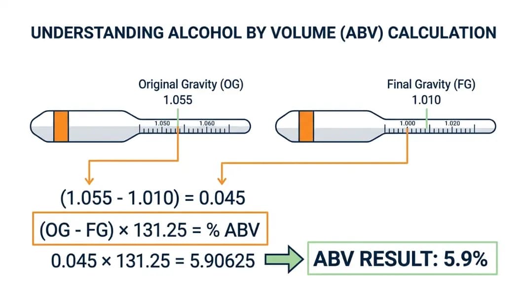 ABV formula diagram showing OG and FG on hydrometer scale with result calculation
