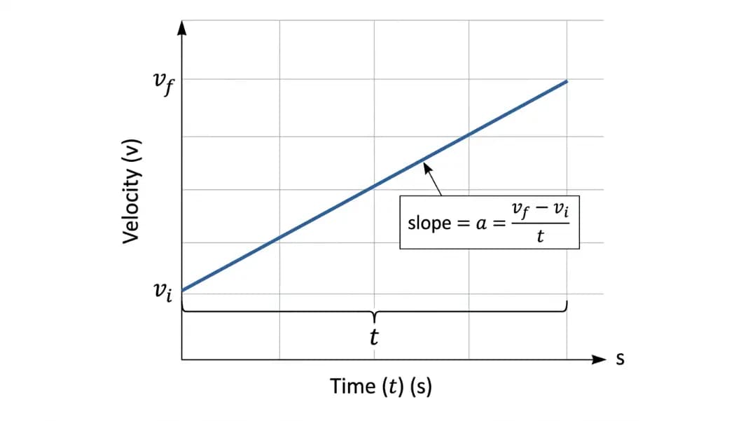 Velocity-time graph showing acceleration as the slope: rise from vi to vf over time interval t