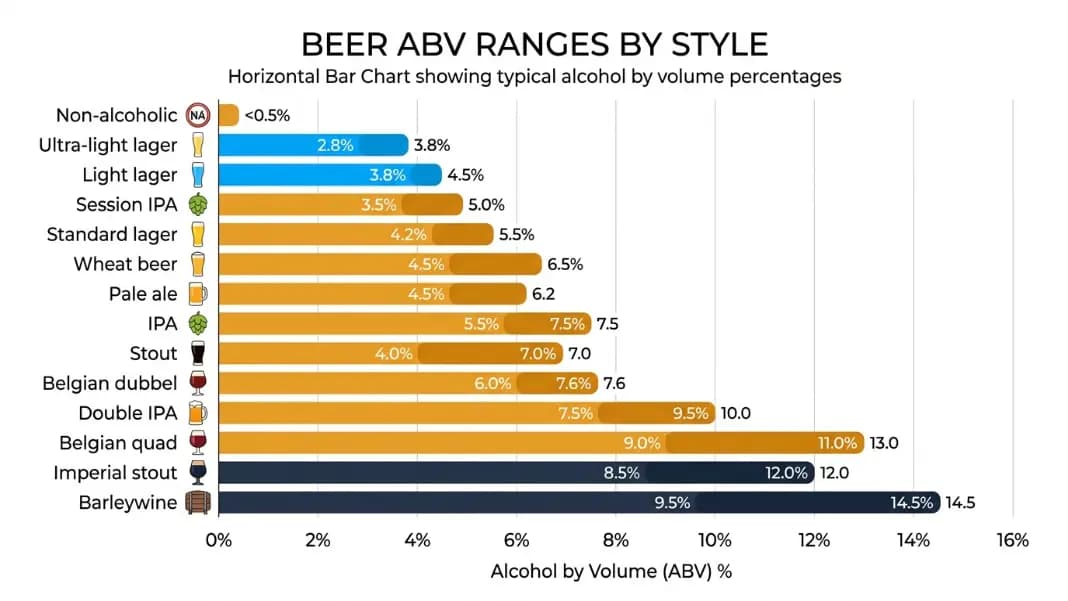 Horizontal bar chart showing beer ABV ranges by style from non-alcoholic under 0.5 percent at the bottom to imperial stout and barleywine at 8 to 15 percent at the top, with the light lager cluster highlighted at 3.5 to 4.5 percent