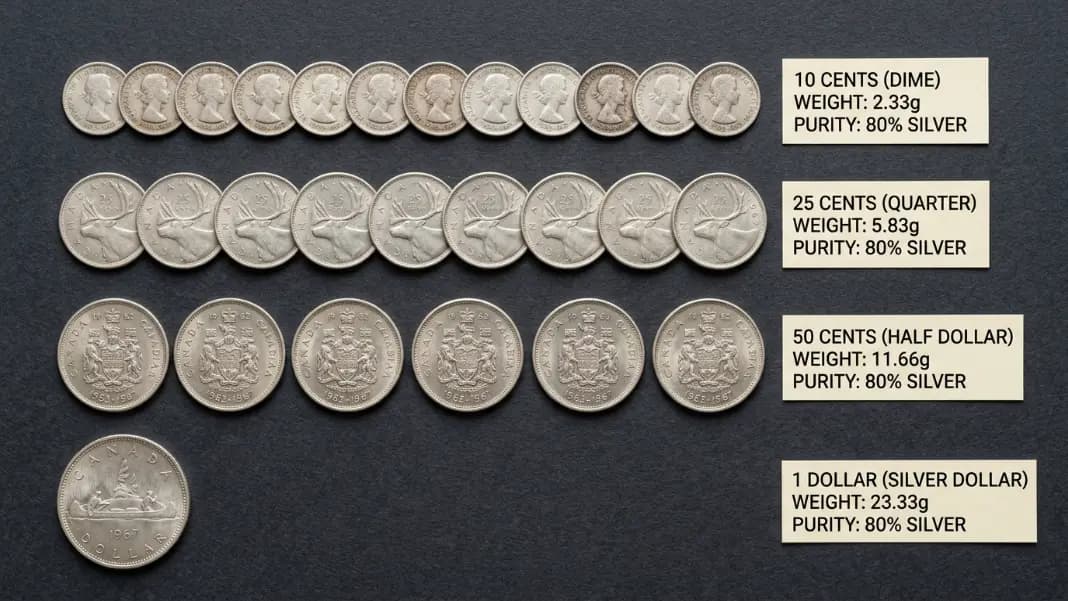 Pre-1968 Canadian silver coins arranged by denomination on a dark surface with 80% silver purity label cards