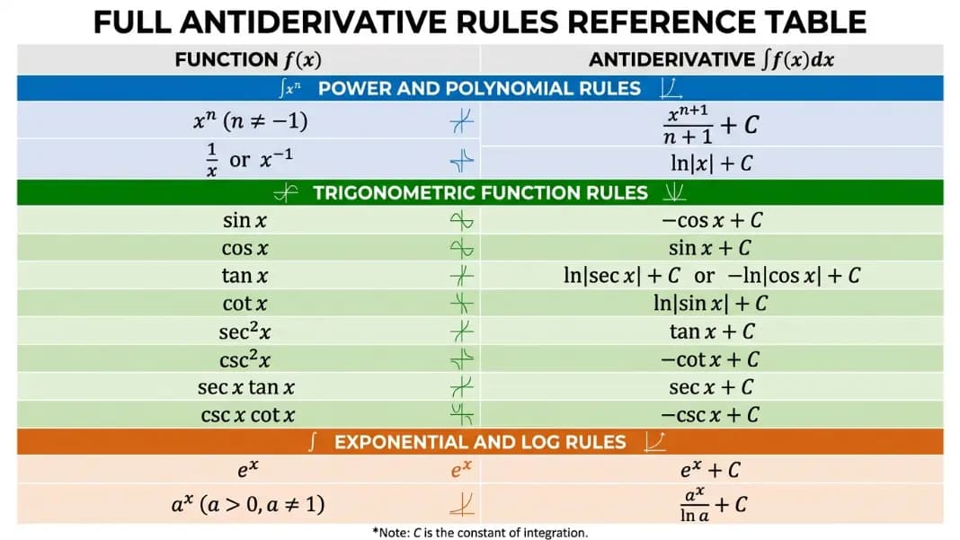 Complete antiderivative rules table covering trig, power, exponential and log functions