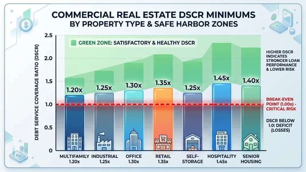 DSCR minimum threshold chart by commercial property type showing required debt service coverage ratios for loan approval