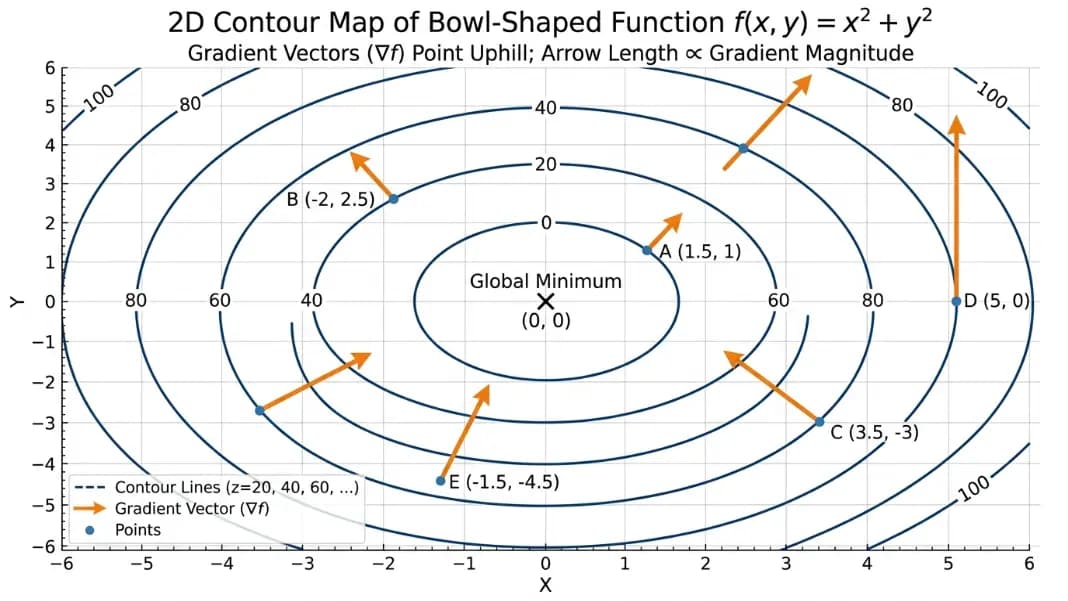 Gradient vector field showing partial derivative arrows pointing in the direction of steepest ascent on a contour map