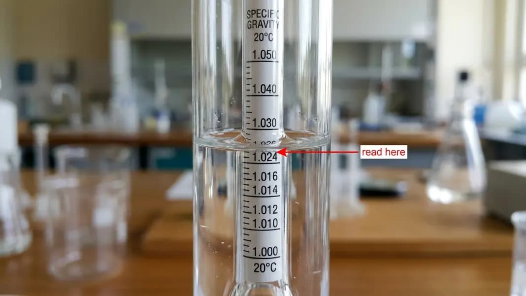 Close-up of hydrometer meniscus in test cylinder showing correct bottom-of-curve reading point