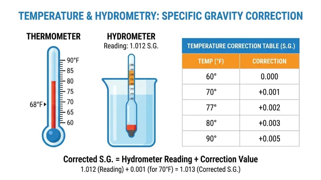 Hydrometer temperature correction chart showing gravity adjustments from 60F to 104F