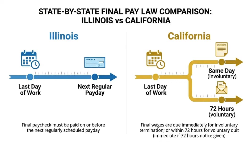 Side-by-side calendar diagram showing two Illinois scenarios where the next payday is 2 days versus 12 days after the last day of work, both labeled as legal, contrasted with a California same-day termination rule column