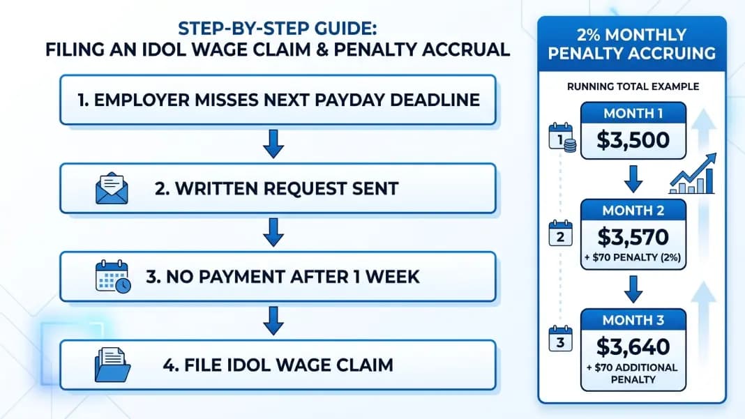 Step-by-step flowchart showing what to do when an Illinois employer misses the final paycheck deadline, from written request to HR through IDOL wage claim filing to civil suit option with the 2% monthly penalty amount labeled at each stage