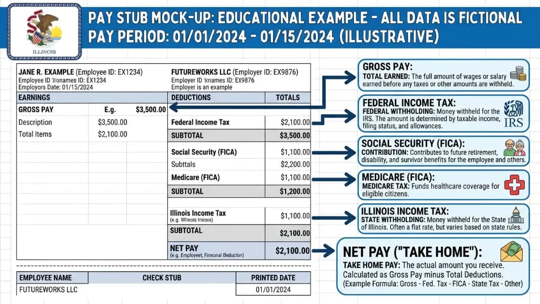 Annotated Illinois hourly pay stub diagram with each line item labeled including gross pay with regular and overtime breakout, federal withholding, Social Security, Medicare, Illinois state tax, and net pay with callouts explaining what drives each amount