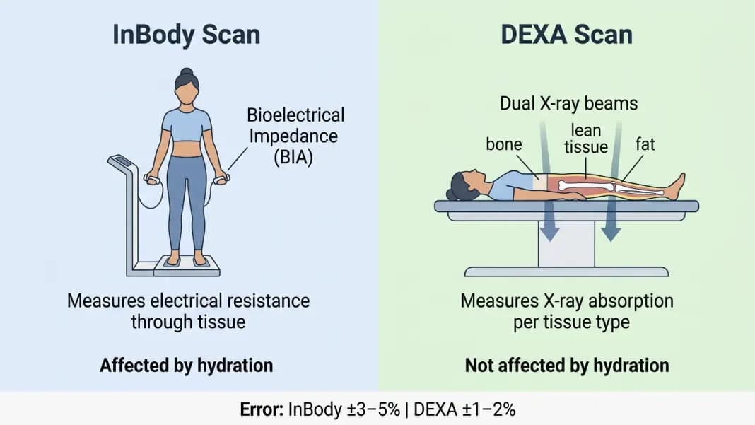 Grouped bar chart comparing InBody versus DEXA body fat measurement error across four conditions: controlled, normal gym use, post-exercise, and obese population, showing DEXA error consistently low while InBody error widens under real-world conditions