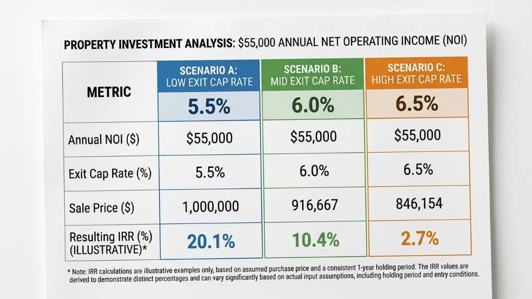 Three-column comparison table showing the same real estate deal at 5.5%, 6.0%, and 6.5% exit cap rates with sale prices and IRR outcomes
