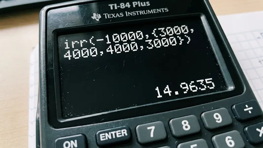 TI-84 Plus calculator screen showing the irr function entered with a four-year cash flow series and result 14.9635 displayed below