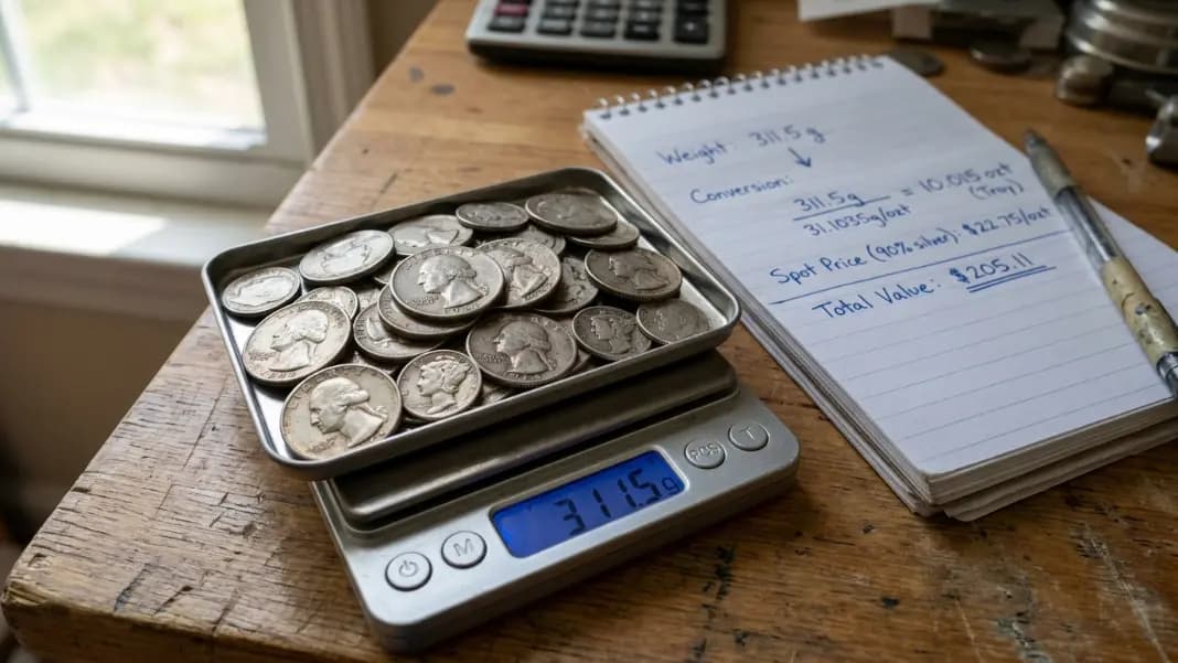 Pre-1965 dimes, quarters, and half dollars on a gram scale illustrating junk silver weight calculation