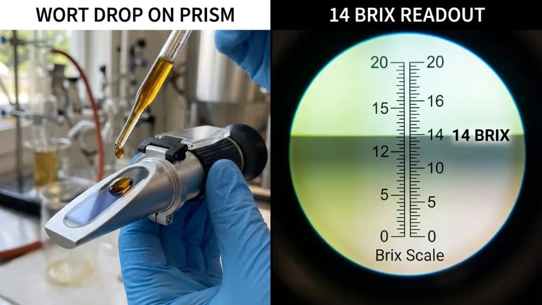 Side-by-side view of wort sample on refractometer prism and the scale reading 14 Brix for specific gravity conversion