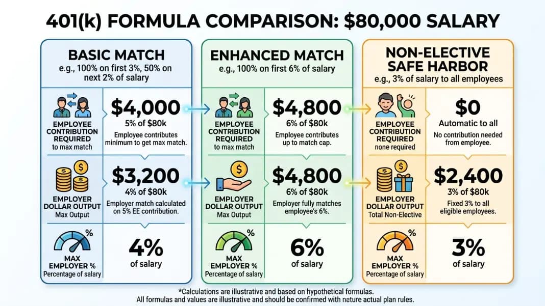 Three-column comparison of basic match, enhanced match, and non-elective safe harbor formulas at $80,000 salary showing employer dollar output for each
