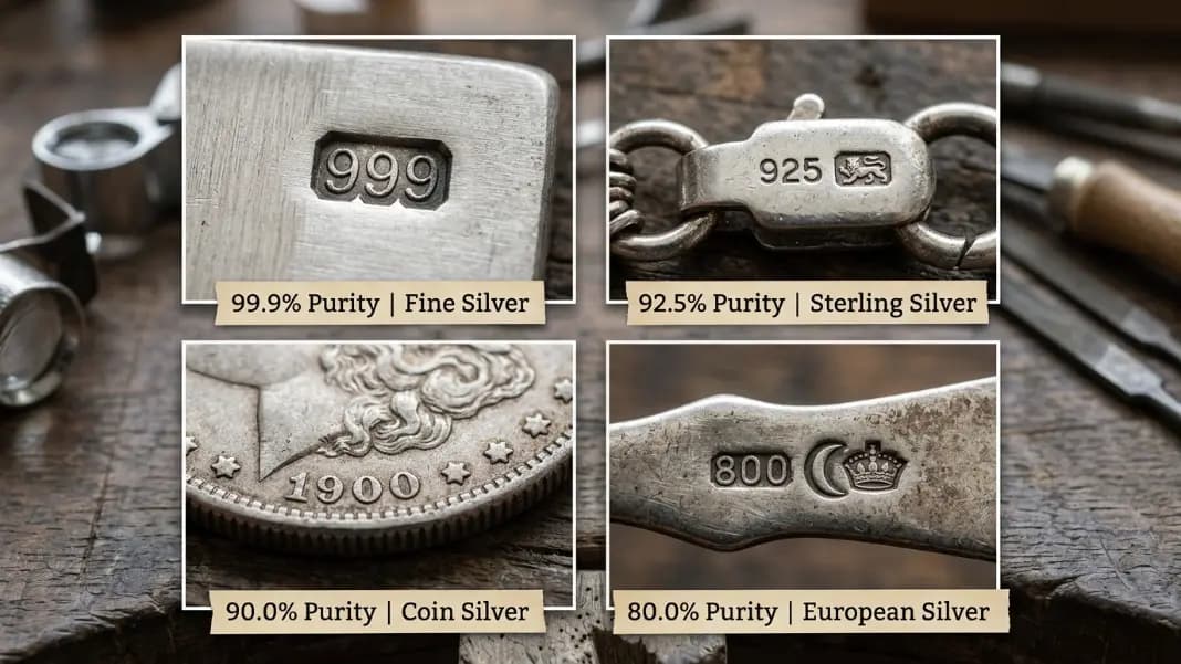 Silver purity hallmarks 999, 925, 900, and 800 stamped on jewelry pieces with purity percentages labeled