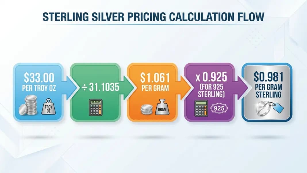 Step-by-step silver melt value calculation showing spot price per troy ounce divided by 31.1035 to get per gram price, then multiplied by purity for 999, 925, and 900 silver