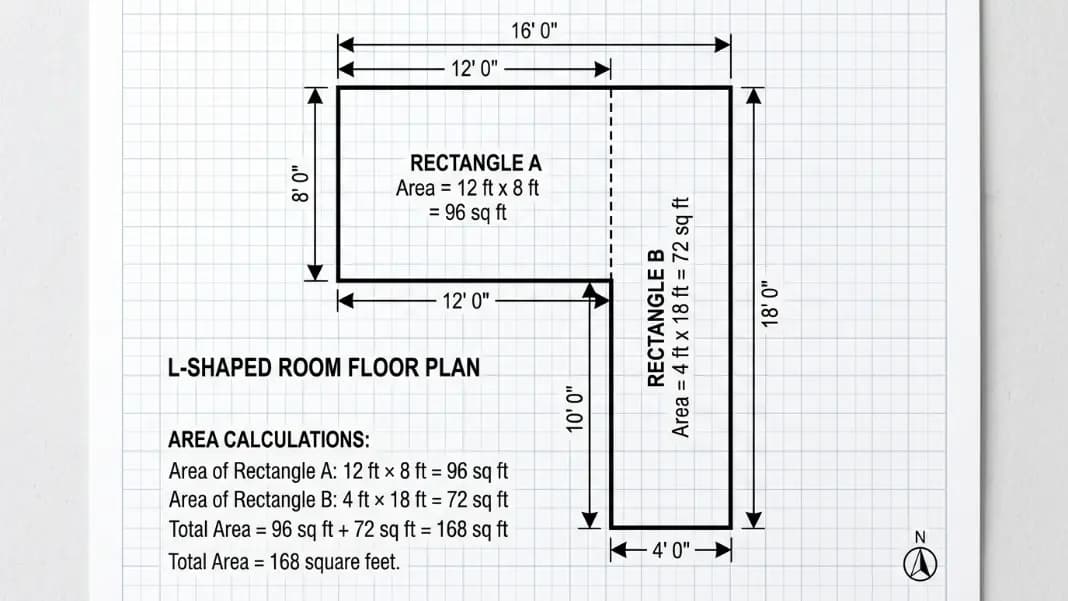L-shaped room floor plan split into two rectangles showing how to calculate square footage with labeled dimensions