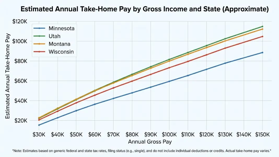 Take-home pay comparison chart for Nebraska, Minnesota, Utah, and Montana showing annual net pay at different salary levels