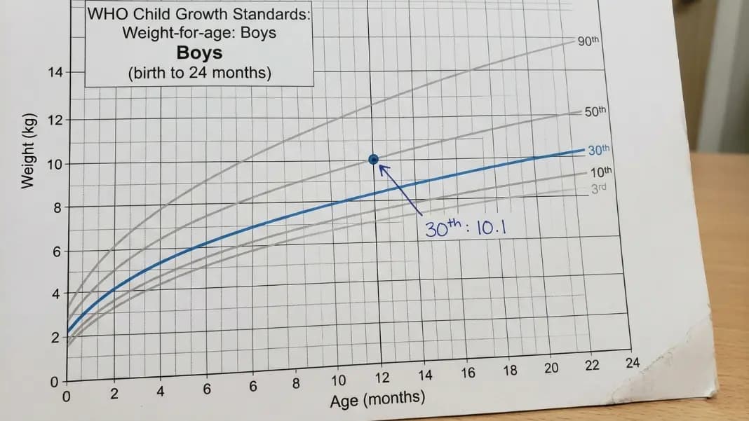 WHO weight-for-age growth chart showing the 30th percentile line highlighted with reference points labeled at 6, 12, and 24 months