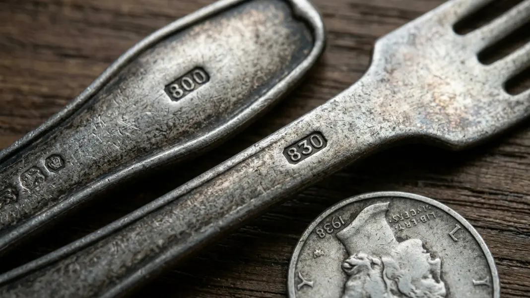European silver hallmarks 800 and 830 stamped into antique flatware showing fineness marks