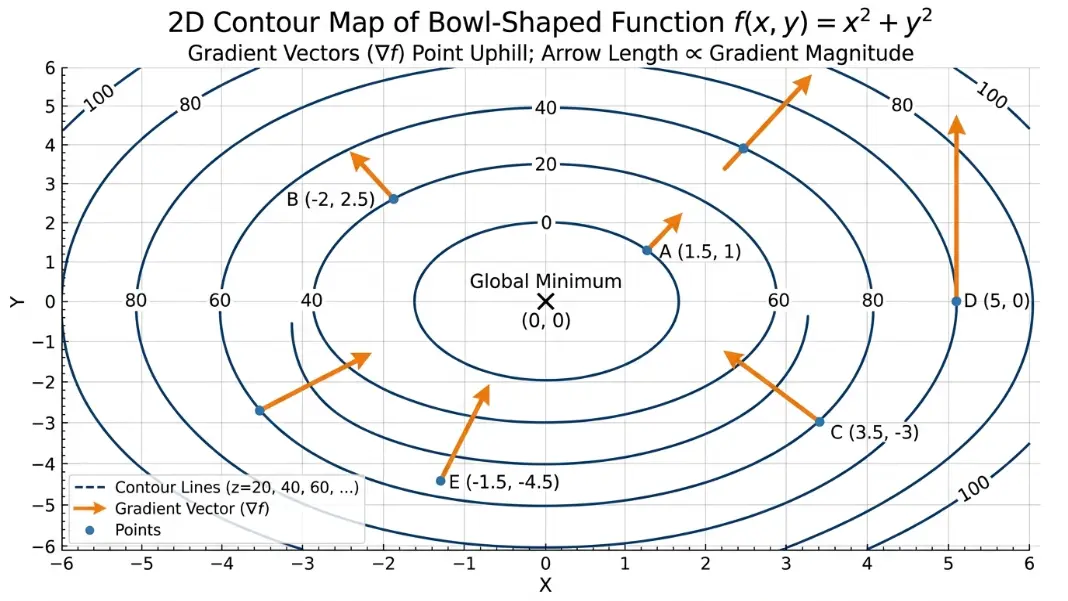 Gradient vector field showing partial derivative arrows pointing in the direction of steepest ascent on a contour map