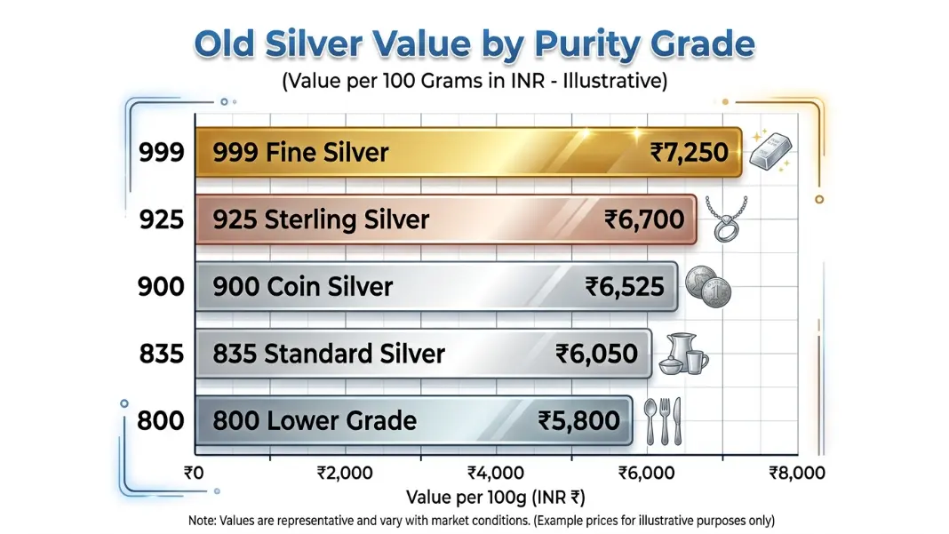 Old silver purity comparison table showing value per gram for 999, 925, 900, 835, and 800 grade silver at current spot price