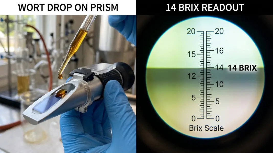 Side-by-side view of wort sample on refractometer prism and the scale reading 14 Brix for specific gravity conversion