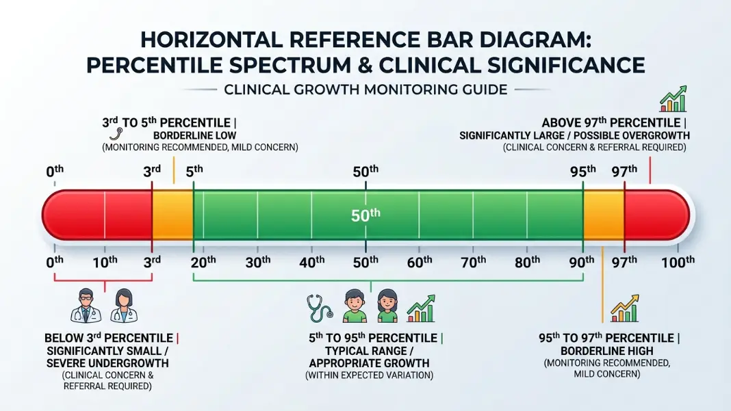 WHO weight-for-age growth chart for boys with 3rd and 97th percentile outer reference range curves highlighted showing the zones where clinical monitoring increases