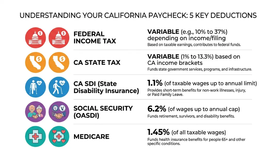 Five mandatory deductions from a California paycheck: federal income tax, CA state tax, CA SDI, Social Security, and Medicare with their rates labeled